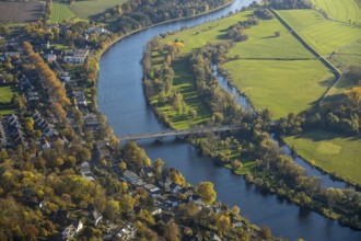 Aerial view, Ruhrstrand, Saarner Ruhraue, river Ruhr, Mülheim Mendener Brücke, Saarn, Mülheim an