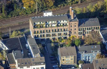 Aerial view, Exclusive condominiums in the Alte Malzfabrik residential park, Cycle highway,