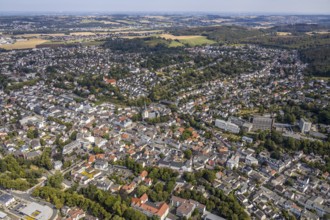 Aerial view, cityscape, pedestrian zone, city centre, market place, old town hall, catholic church