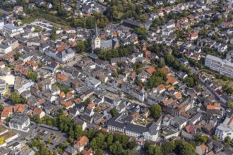 Aerial view, city centre, market place, old town hall, catholic church St. Vincenz, Menden,