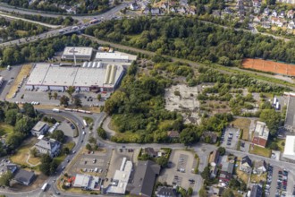 Aerial view, Evidal site, Carl-Benz-Straße construction area, Hellweg Baumarkt, Menden, Sauerland,