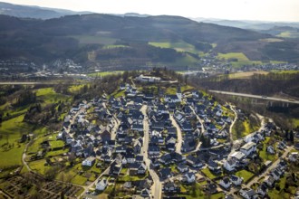 Aerial view, view of Eversberg, ruins of Eversberg Castle, Schlossberghalle Eversberg, St