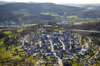 Aerial view, view of Eversberg, ruins of Eversberg Castle, Schlossberghalle Eversberg, St