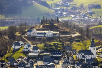 Aerial view, Eversberg Castle ruins, Schlossberghalle Eversberg, St.Johannes-Evangelist-Kirche,