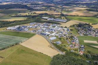 Aerial view, local view Holzen, BEGA Gantenbrink-Leuchten company campus, Menden, Sauerland,