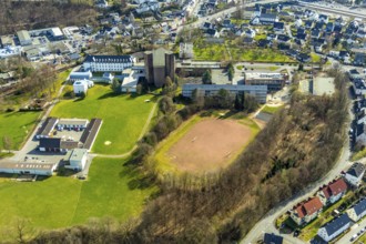 Aerial view, Königsmünster Abbey, Benedictine grammar school, abbey church, sports field, Meschede,