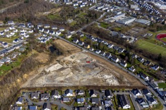 Aerial view, construction area residential development Waldstraße, former concrete plant