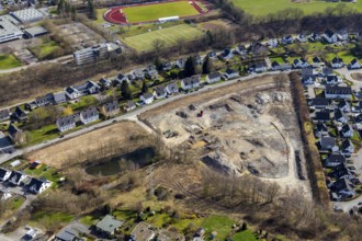 Aerial view, construction area residential development Waldstraße, former concrete plant