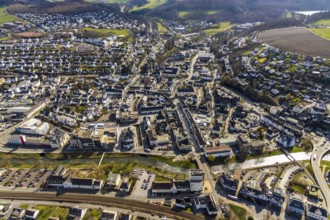 Aerial view, city centre view, river Ruhr, Coventry bridge, citizens' office Meschede, catholic