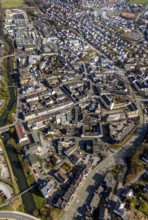 Aerial view, city centre view, river Ruhr, citizens' office Meschede, catholic parish church St.
