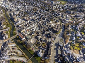 Aerial view, city centre view, river Ruhr, citizens' office Meschede, catholic parish church St.
