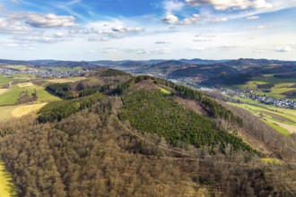 Aerial view, hilly landscape forest area at the garden city, Meschede, Sauerland, North