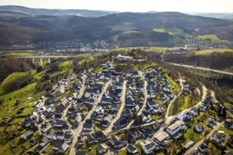 Aerial view, view of Eversberg, ruins of Eversberg Castle, Schlossberghalle Eversberg, St