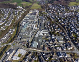 Aerial view, commercial area Fritz-Honsel-Straße, river Ruhr, Meschede, Sauerland, North
