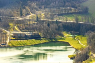 Aerial view, car park and excursion restaurant at the Hennetalsperre, Hennesee, Berghausen,