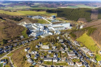Aerial view, Brewery C.& A. VELTINS GmbH & Co. KG, new high-bay warehouse, Grevenstein, Meschede,