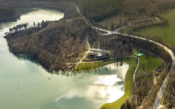 Aerial view, car park and excursion restaurant at the Hennetalsperre, H1, Hennesee, Berghausen,