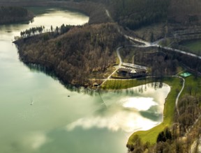 Aerial view, car park and excursion restaurant at the Hennetalsperre, H1, Hennesee, Berghausen,