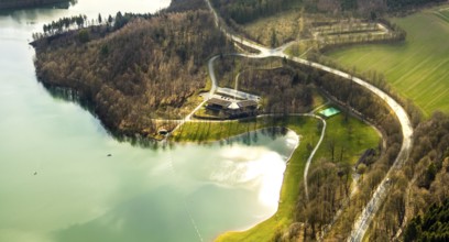 Aerial view, car park and excursion restaurant at the Hennetalsperre, H1, Hennesee, Berghausen,