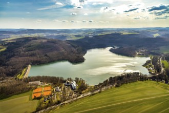 Aerial view, Hennetalsperre, Hennesee, Welcome Hotel Meschede Hennesee, Meschede, Sauerland, North