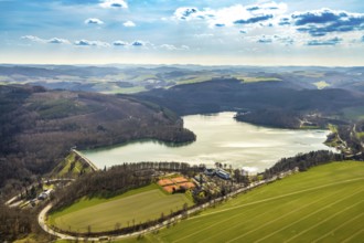 Aerial view, Hennetalsperre, Hennesee, Welcome Hotel Meschede Hennesee, Meschede, Sauerland, North