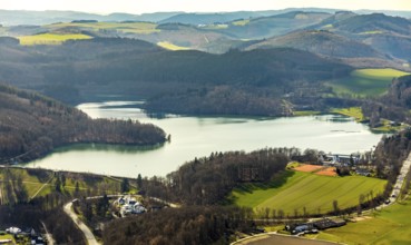Aerial view, Hennetalsperre, Hennesee, forest area, Meschede, Sauerland, North Rhine-Westphalia,