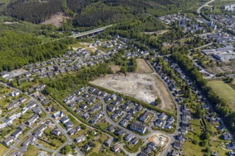 Aerial view, aerial view Meschede North, bridge of the motorway A46, construction site, Meschede,