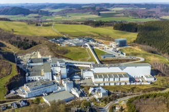 Aerial view, Brewery C.& A. VELTINS GmbH & Co. KG, new high-bay warehouse, Grevenstein, Meschede,