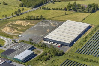 Aerial view, industrial estate Enste Nord, new building logistics centre Briloner Leuchten GmbH,