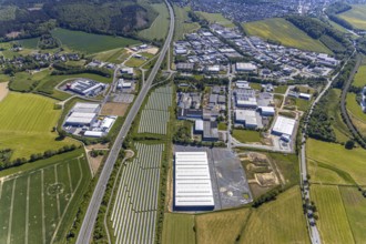 Aerial view, industrial estate Enste Nord, new building logistics centre Briloner Leuchten GmbH,