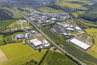Aerial view, industrial estate Enste Nord, new building logistics centre Briloner Leuchten GmbH,