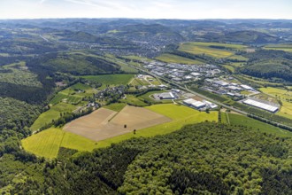 Aerial view, industrial estate Enste Nord, new building logistics centre Briloner Leuchten GmbH,