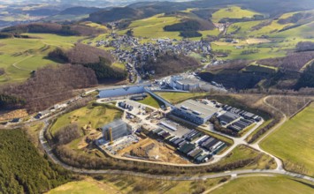Aerial view, View of Grevenstein, Brewery C.& A. VELTINS GmbH & Co. KG, new high-bay warehouse,