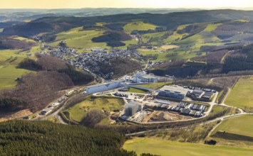 Aerial view, View of Grevenstein, Brewery C.& A. VELTINS GmbH & Co. KG, new high-bay warehouse,
