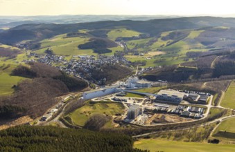 Aerial view, View of Grevenstein, Brewery C.& A. VELTINS GmbH & Co. KG, new high-bay warehouse,