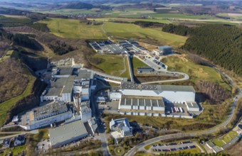 Aerial view, Brewery C.& A. VELTINS GmbH & Co. KG, new high-bay warehouse, Grevenstein, Meschede,