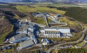 Aerial view, Brewery C.& A. VELTINS GmbH & Co. KG, new high-bay warehouse, Grevenstein, Meschede,