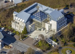 Aerial view, company building of the brewery C.& A. VELTINS GmbH & Co. KG, Grevenstein, Meschede,