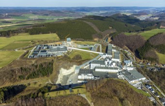 Aerial view, Brewery C.& A. VELTINS GmbH & Co. KG, new high-bay warehouse, Grevenstein, Meschede,