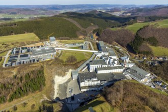 Aerial view, Brewery C.& A. VELTINS GmbH & Co. KG, new high-bay warehouse, Grevenstein, Meschede,