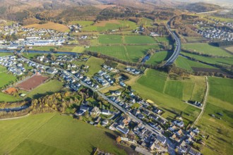 Aerial view, sports field and district Olpe, river Ruhr, motorway A46 with tunnel passage, local