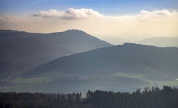 Aerial view, mountains and valleys, forest in fog, Sauerland heights, hilly landscape, Visbeck,
