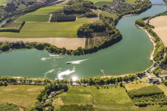 Aerial view, Hennetalsperre, Hennesee, excursion boat, Meschede, Sauerland, North Rhine-Westphalia,