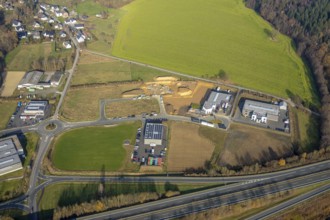 Aerial view, construction site industrial estate Enste, Auto Technik Schulte, Auf dem Bruch, Enste,
