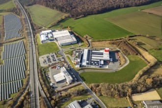 Aerial view, industrial estate Enste-Nord, Maschinenbau SH Anbaugeräte GmbH, Enste, Meschede,