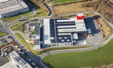 Aerial view, industrial estate Enste-Nord, Maschinenbau SH Anbaugeräte GmbH, Enste, Meschede,
