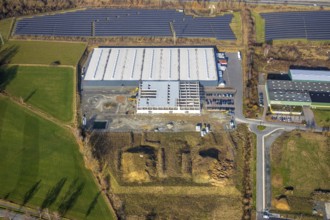 Aerial view, industrial estate Enste Nord, new construction logistics centre Briloner Leuchten,