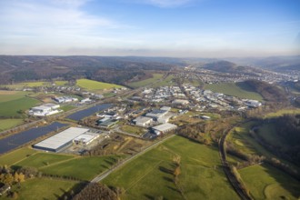 Aerial view, industrial estate Enste Nord, new construction logistics centre Briloner Leuchten,