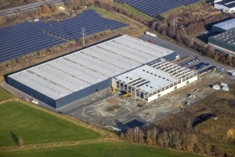 Aerial view, industrial estate Enste Nord, new construction logistics centre Briloner Leuchten,