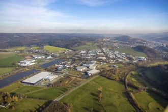 Aerial view, industrial estate Enste Nord, new construction logistics centre Briloner Leuchten,